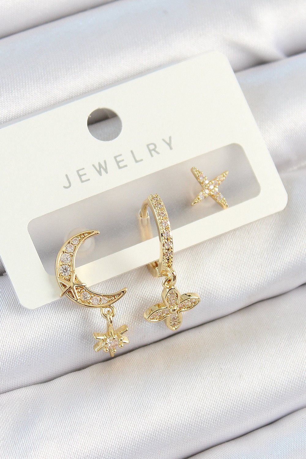 Pirinç Zirkon Taşlı Çiçek Ve Ay Model Gold Renk 3'lü Çift Kadın Küpe Set