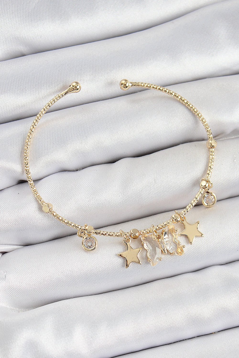 Pirinç Zirkon Taşlı Kelebek Ve Yıldız Model Gold Renk Charm Bileklik