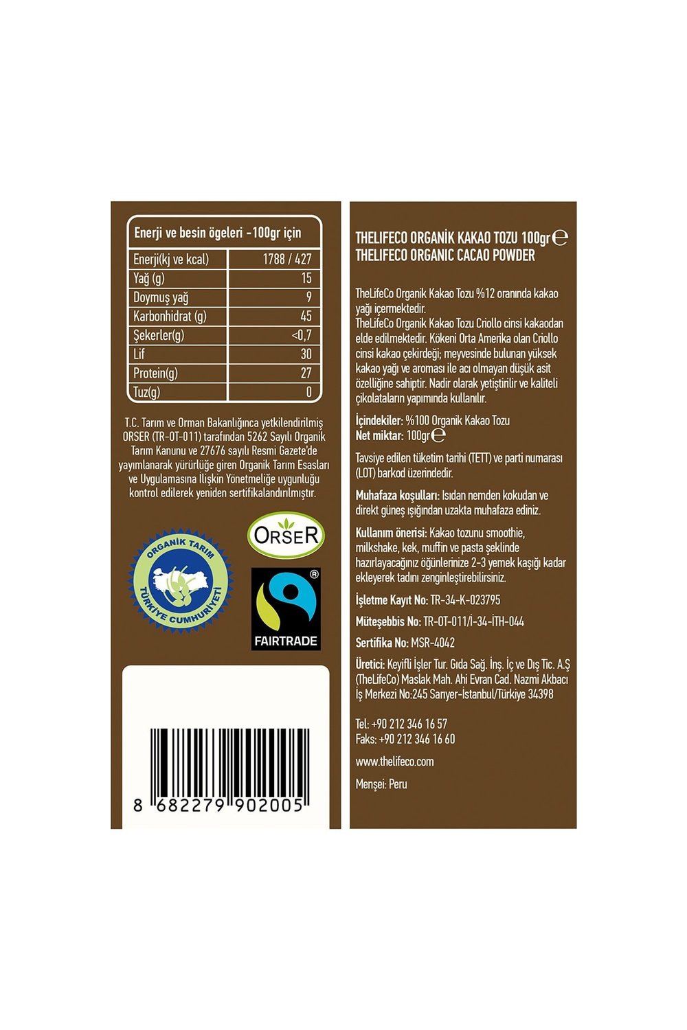 Organik Kakao Tozu 100 g (GLUTENSİZ, VEGAN, HAM KAKAO)