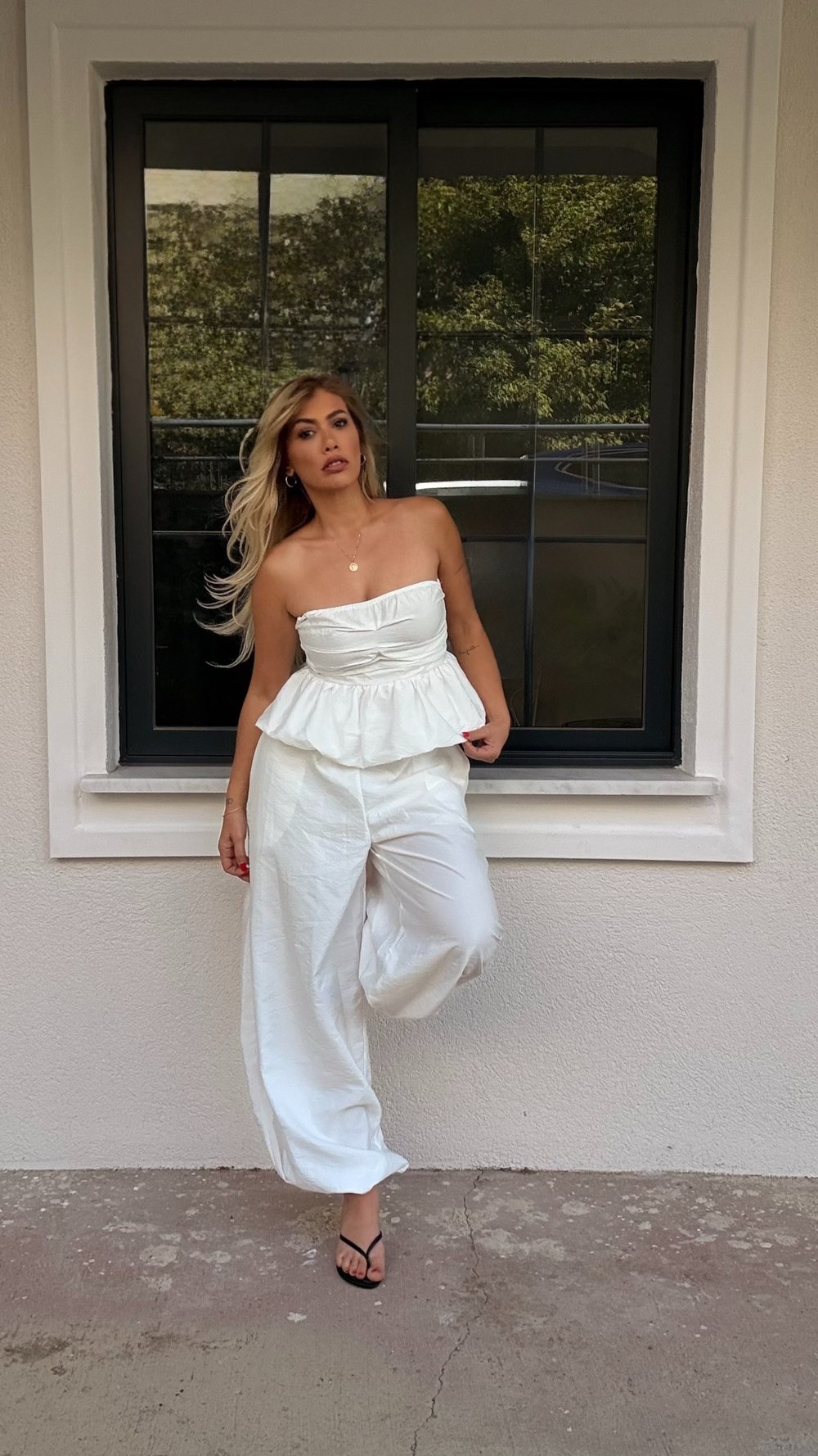 Beyaz Bustiyerli Şalvar Pantolon Takım