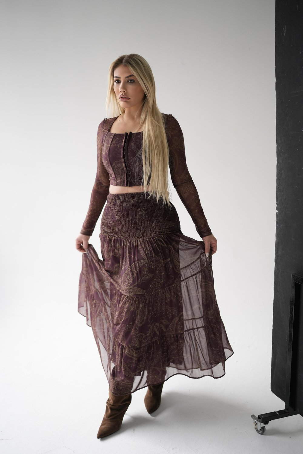 Bordo Balenli Etnik Desen Bluz Etek Takım