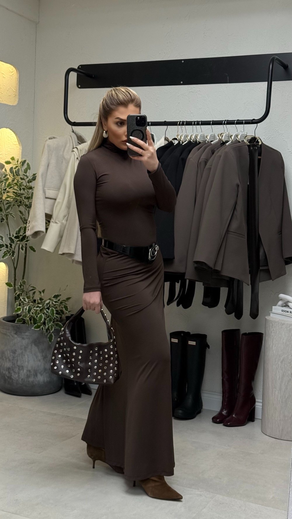 Kahve Kemer Detaylı Maxi Elbise