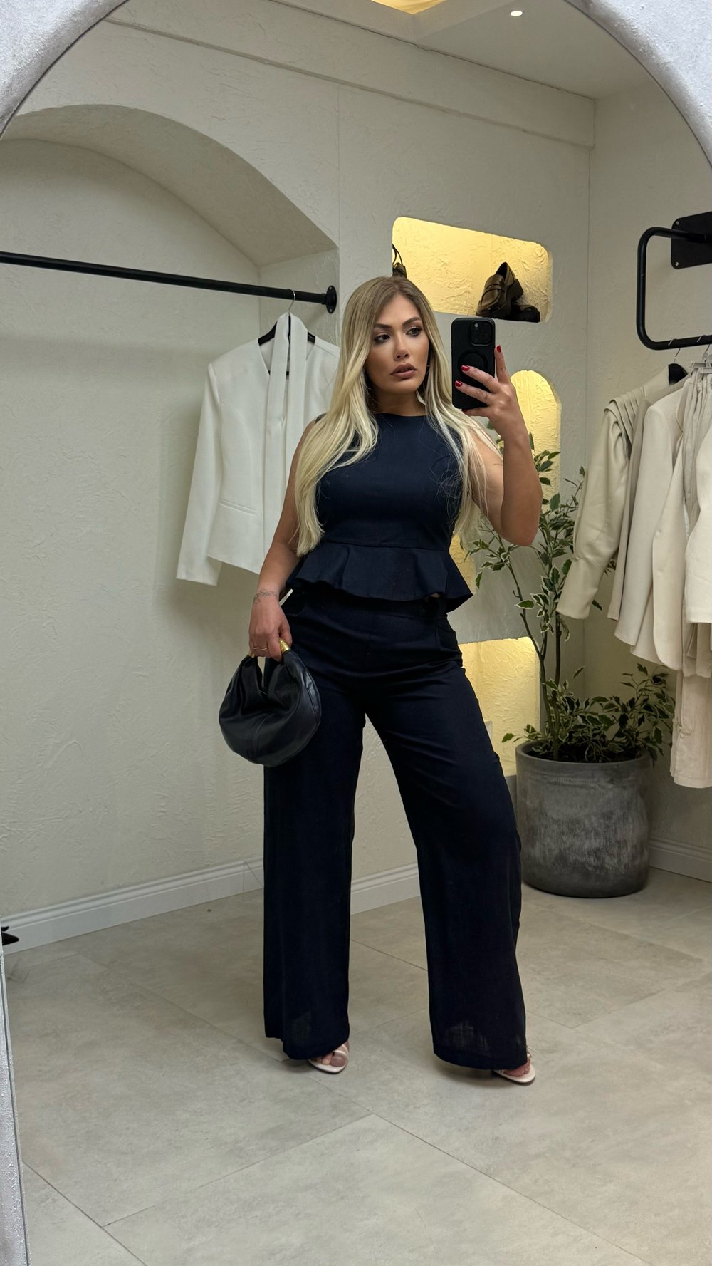 Lacivert Pileli Keten Pantolon Bluz Takım