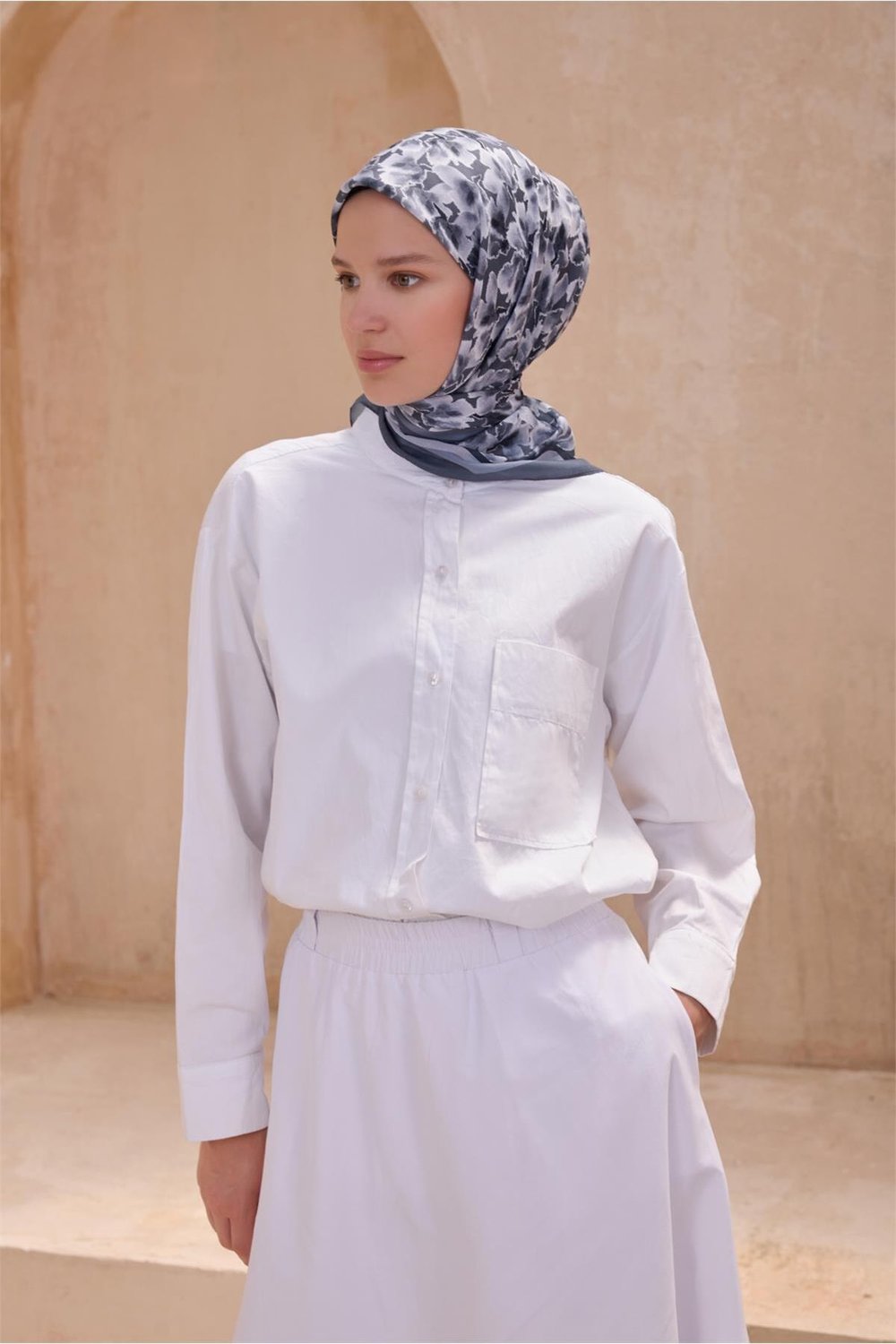 Çiçek Desen Gri Premium Soft Eşarp 11 - 14