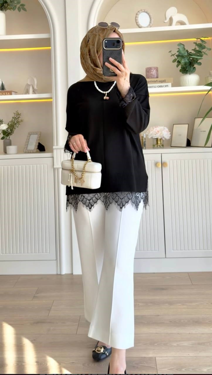 Dantel Detaylı Tunik - Siyah
