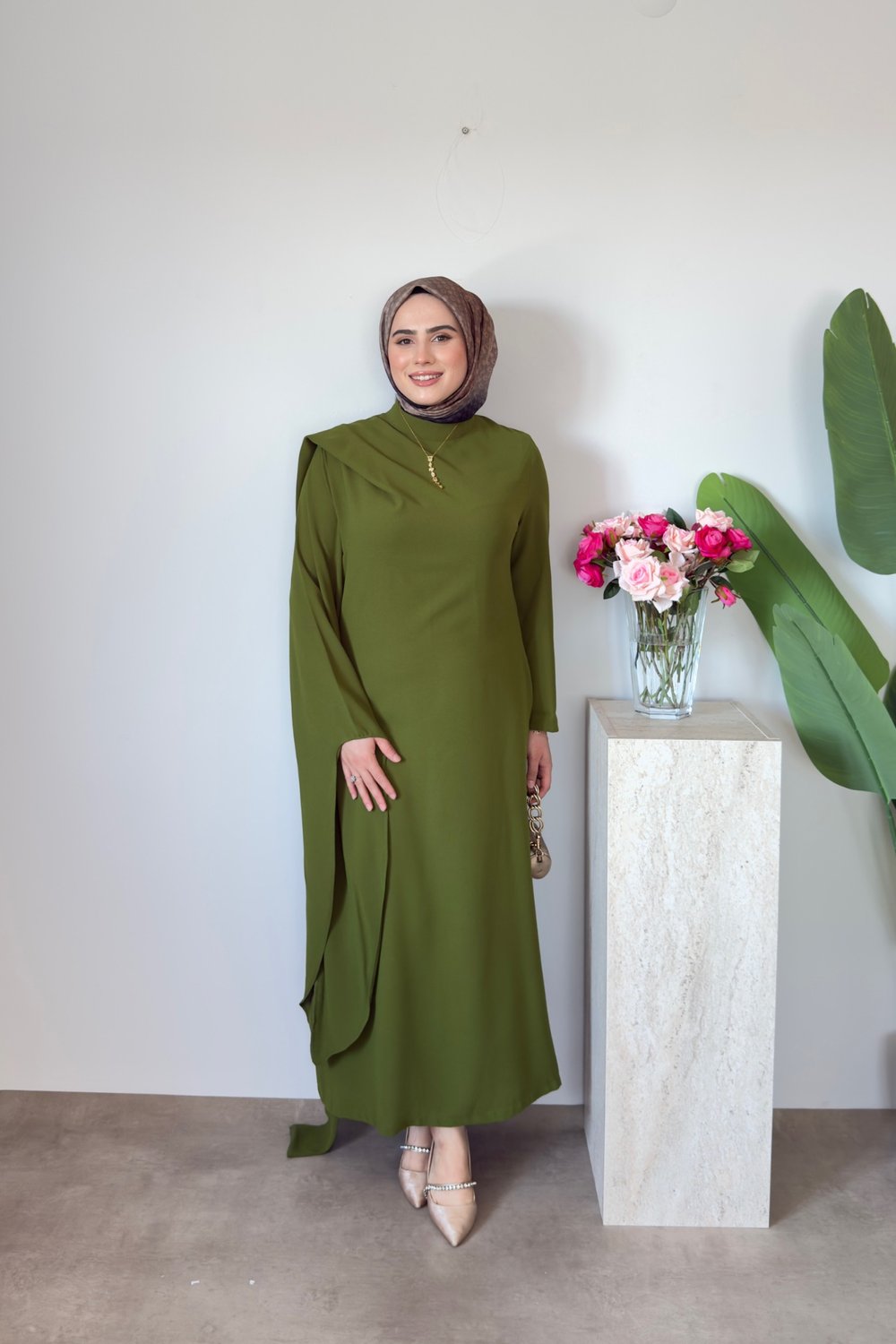 Sahra Pelerinli Elbise | Yağ Yeşili