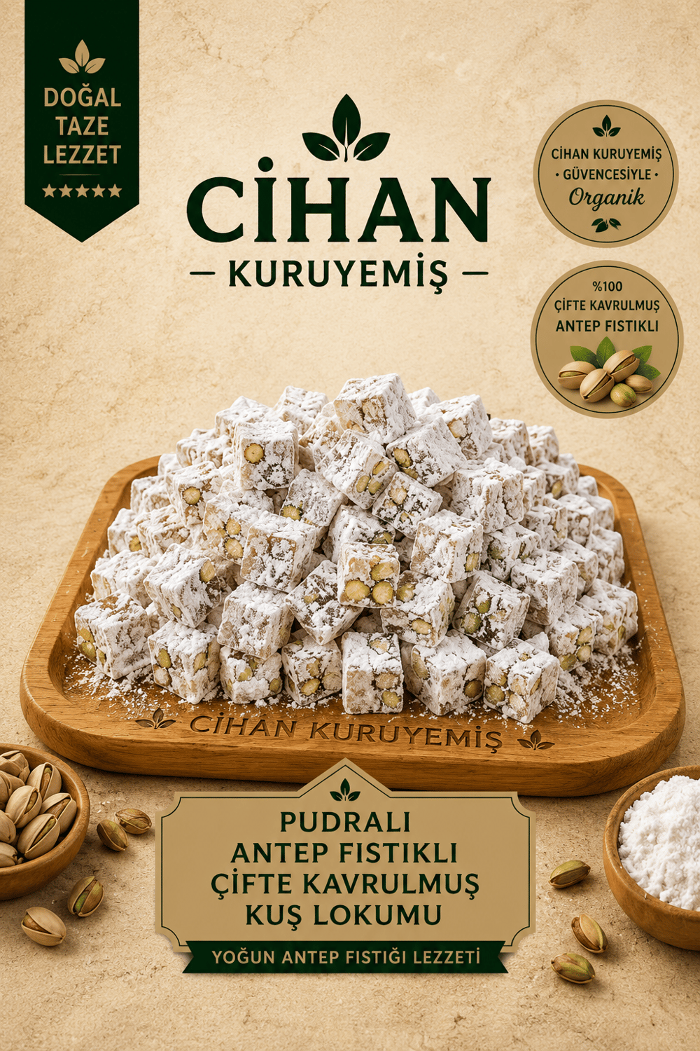 Pudralı Antep Fıstıklı Çifte Kavrulmuş Lokum