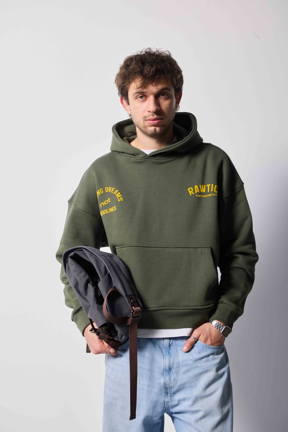 %100 PAMUKLU DİYAGONAL HAKİ CROPPED FIT HOODIE