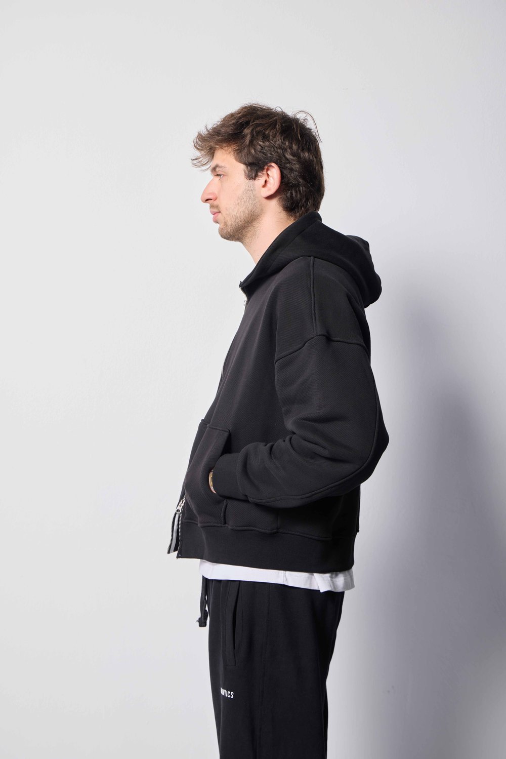 %100 PAMUKLU DİYAGONAL SİYAH CROP FIT ZIP HOODIE