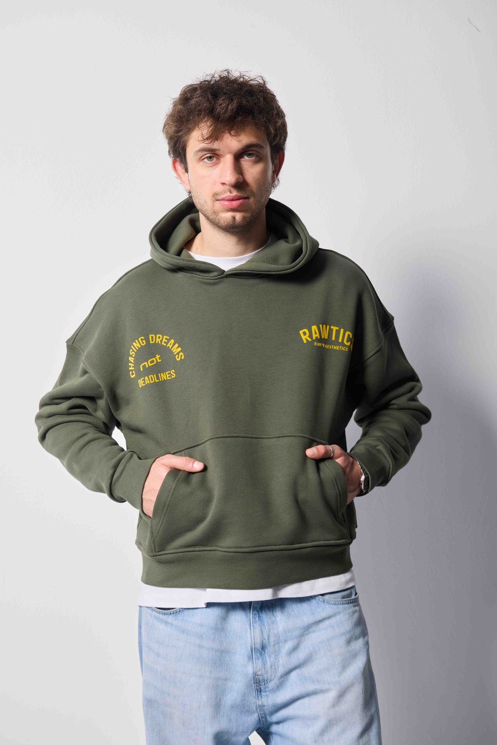 %100 PAMUKLU DİYAGONAL HAKİ CROPPED FIT HOODIE