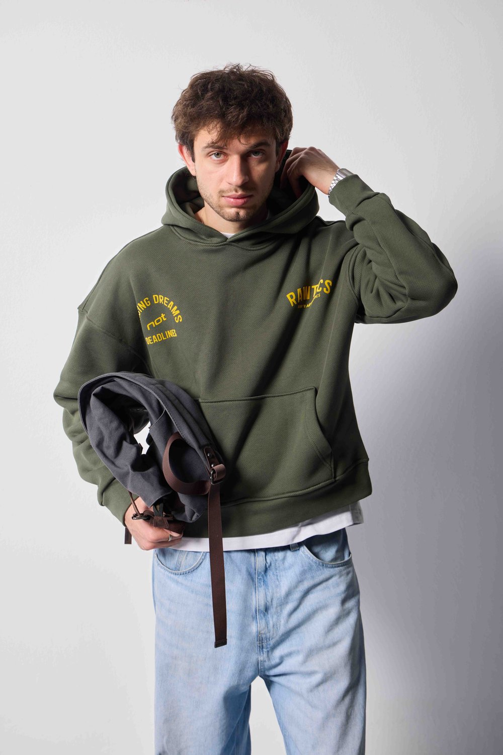 %100 PAMUKLU DİYAGONAL HAKİ CROPPED FIT HOODIE