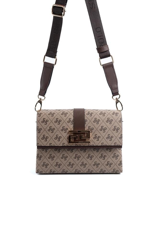 Silver & Polo SP1009 Kadın Çapraz Çanta Monogram Koyubej-Kahve