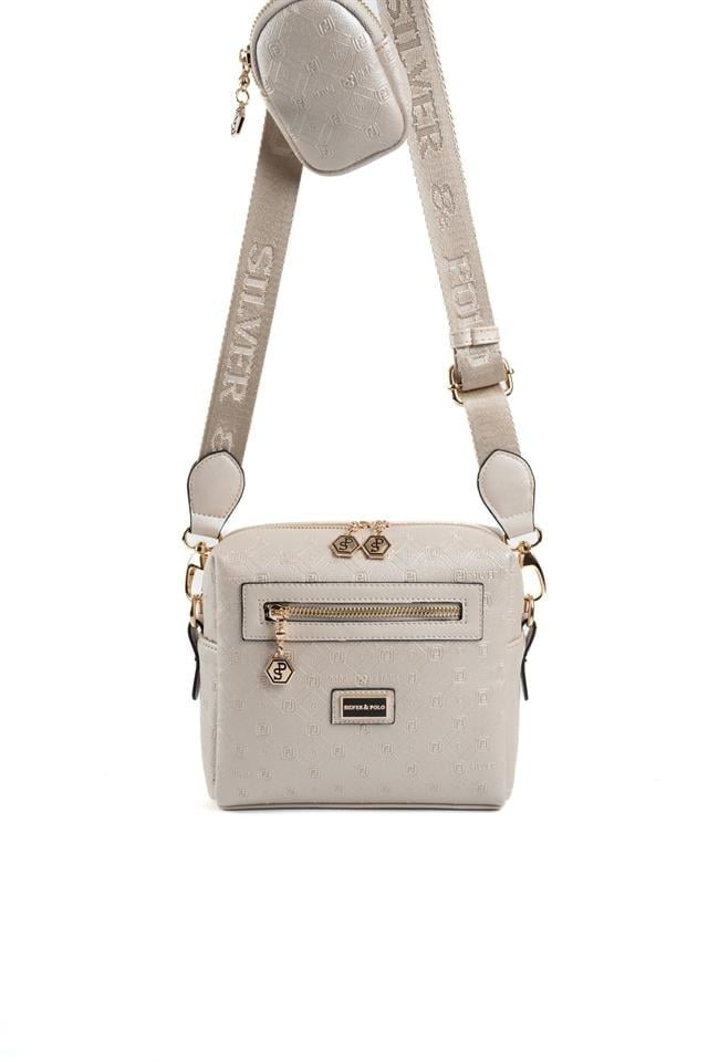 Silver & Polo SP1038 Kadın Çapraz Çanta Logolu Bej-S.Bej