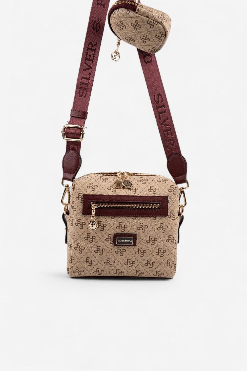 Silver & Polo SP1038 Kadın Çapraz Çanta Monogram Koyu Bej-Bordo