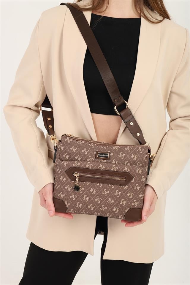Silver & Polo SP1110 Kadın Çapraz Çanta Monogram Kahve