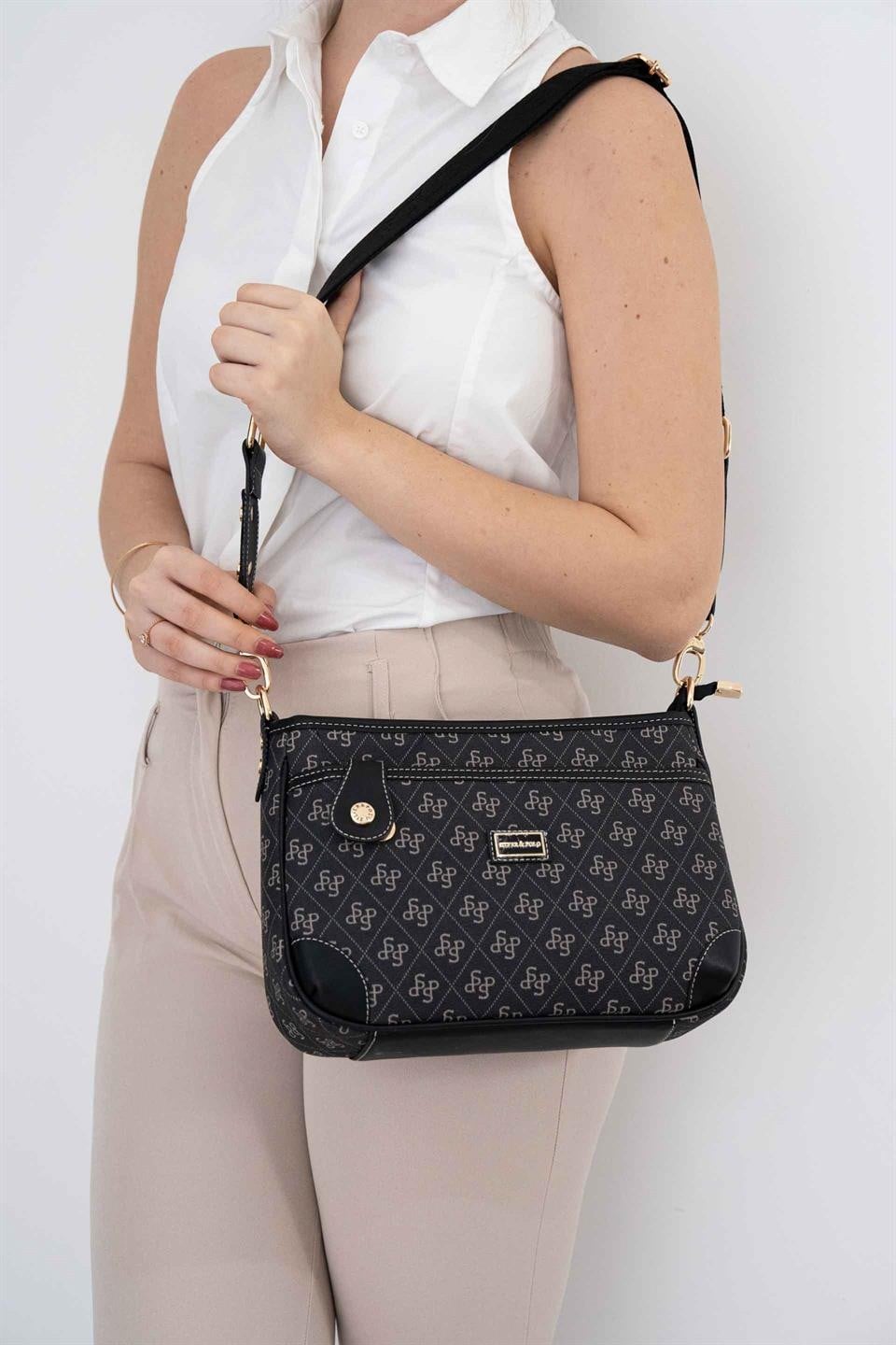 Silver & Polo SP1160 Kadın Çapraz Çanta Monogram Füme-Siyah