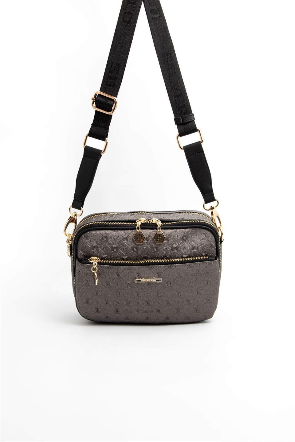 Silver & Polo SP1162 Kadın Çapraz Çanta Logolu Platin-Siyah