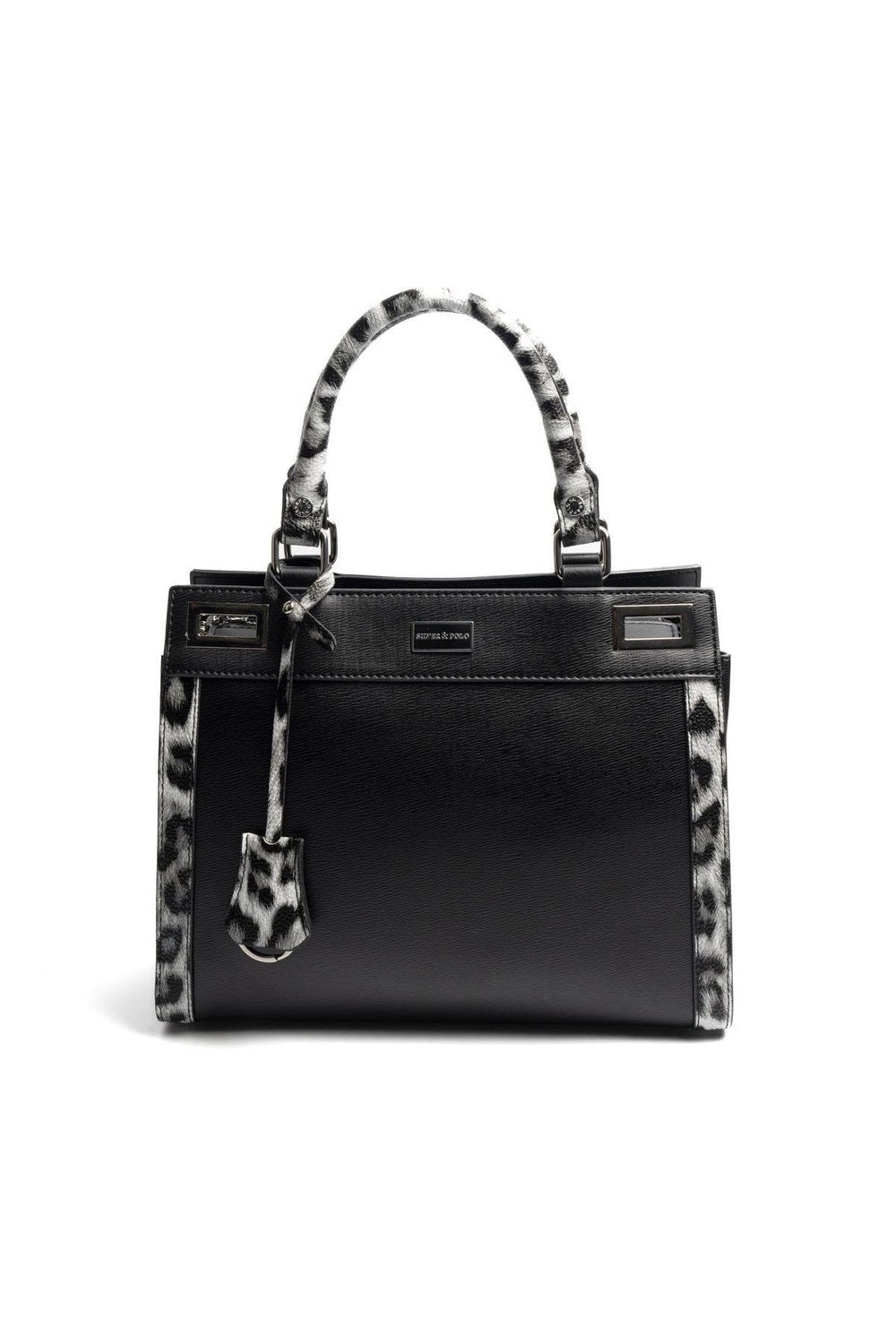Silver & Polo SP1174 Kadın El Çantası Düz Siyah-Siyah-Leopar Gri