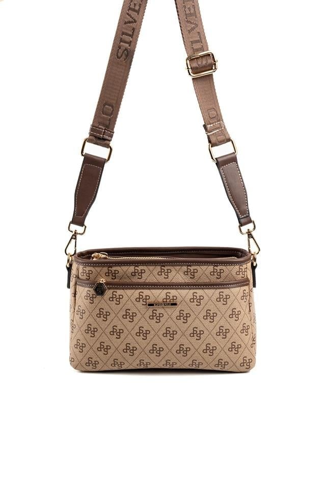 Silver & Polo SP1184 Kadın Çapraz Çanta Monogram Koyubej-Kahve