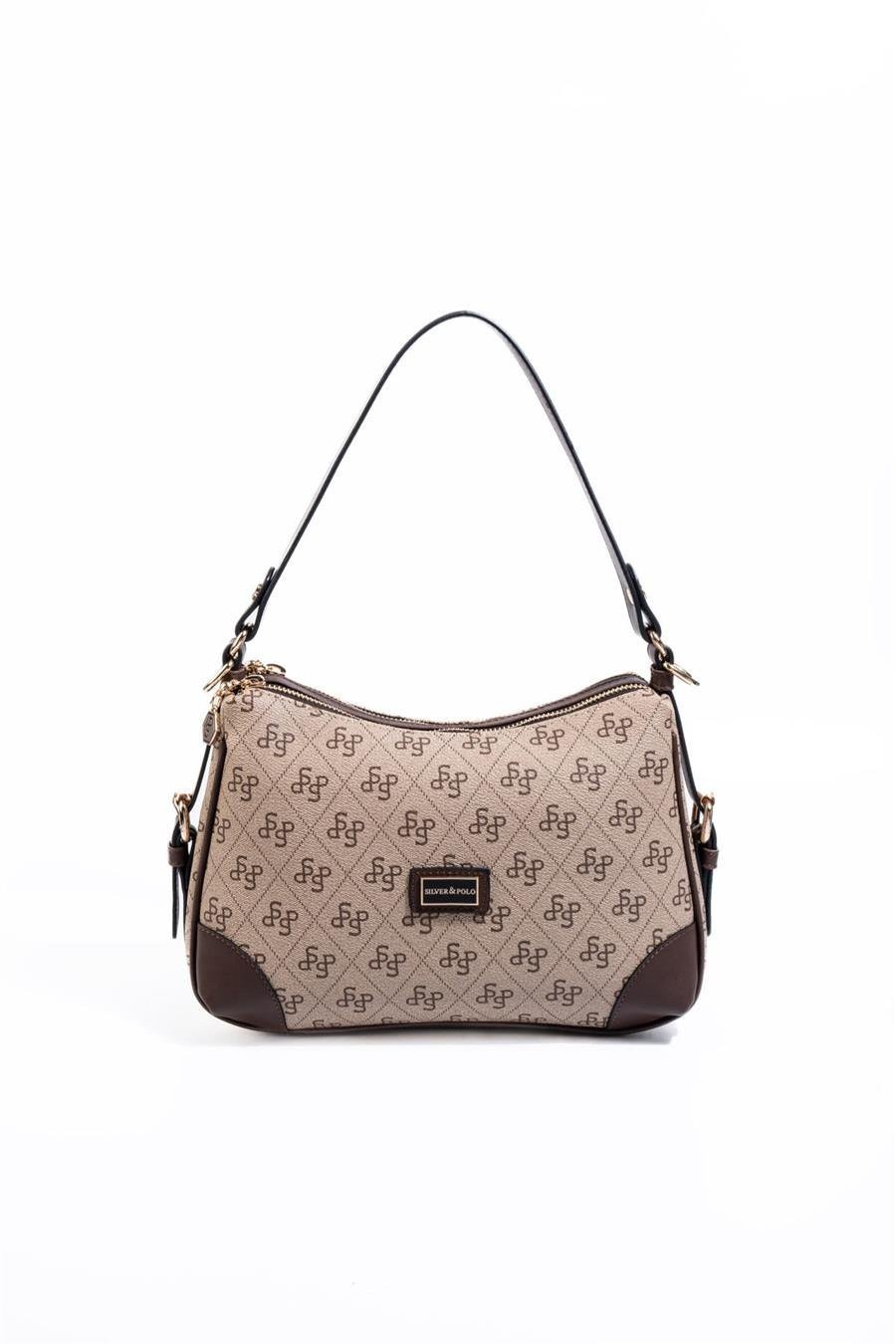 Silver & Polo SP1269 Kadın Omuz Çantası Monogram Koyu Bej-Kahve