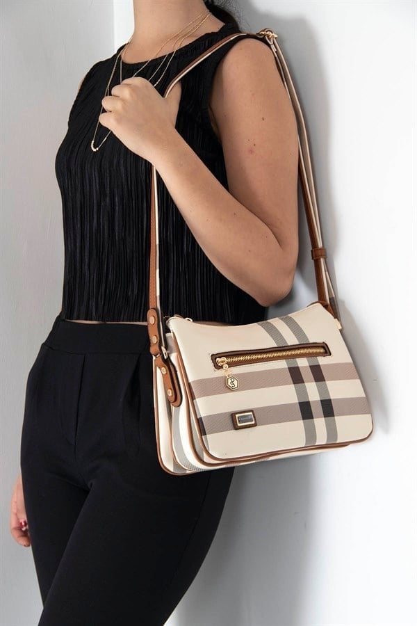Silver & Polo SP818 Kadın Çapraz Çanta Ekose Krem-Taba