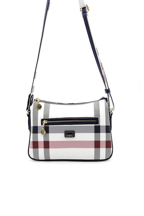 Silver & Polo SP818 Kadın Çapraz Çanta Ekose Beyaz-Lacivert