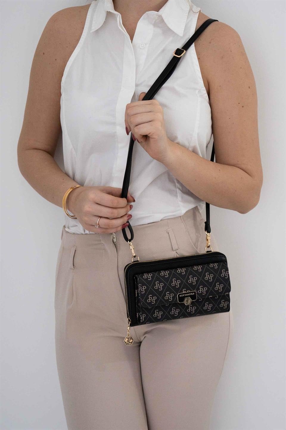 Silver & Polo SP921 Kadın Telefon Çantası Monogram Füme-Siyah