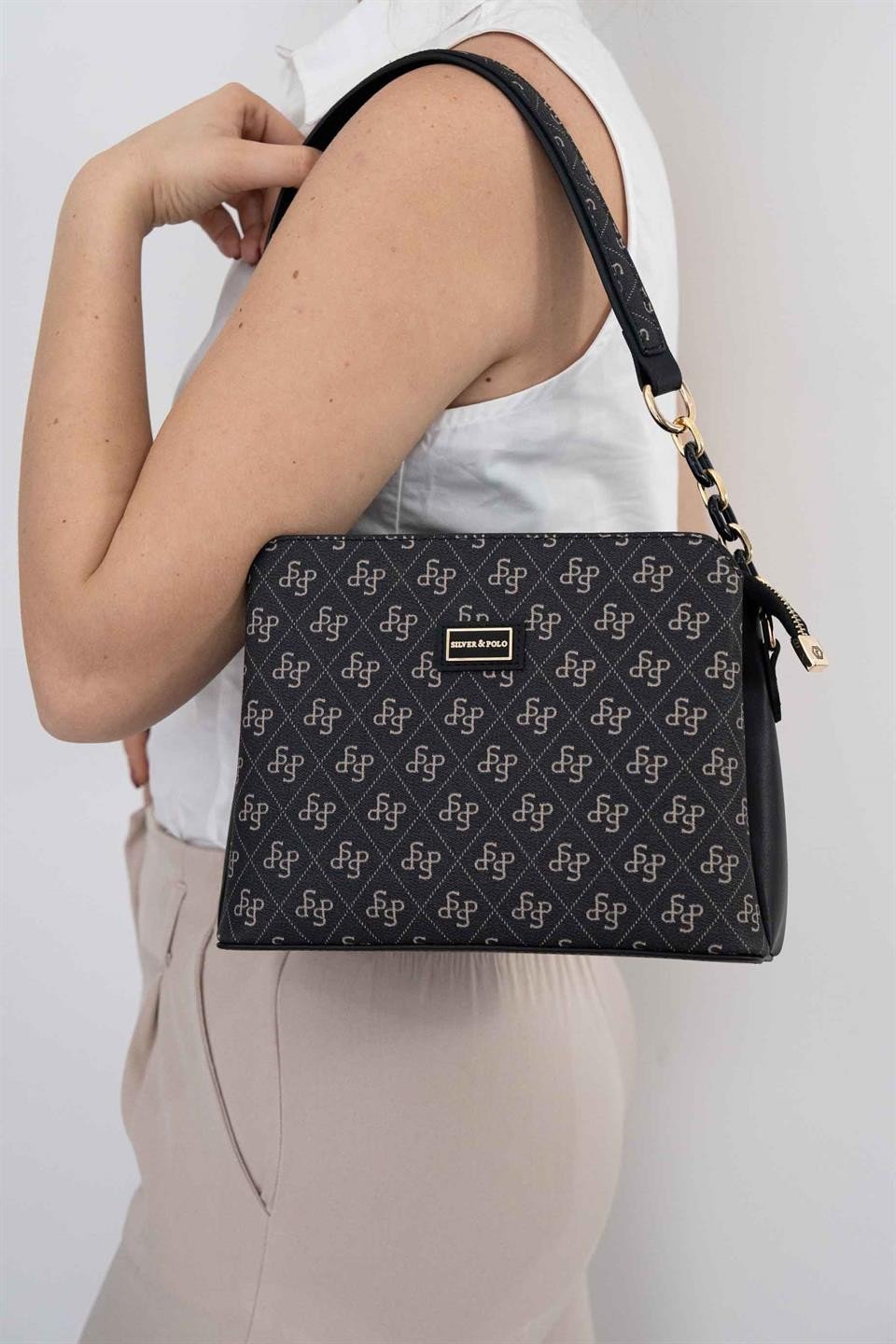 Silver & Polo SP937 Kadın Omuz Çantası Monogram Füme-Siyah