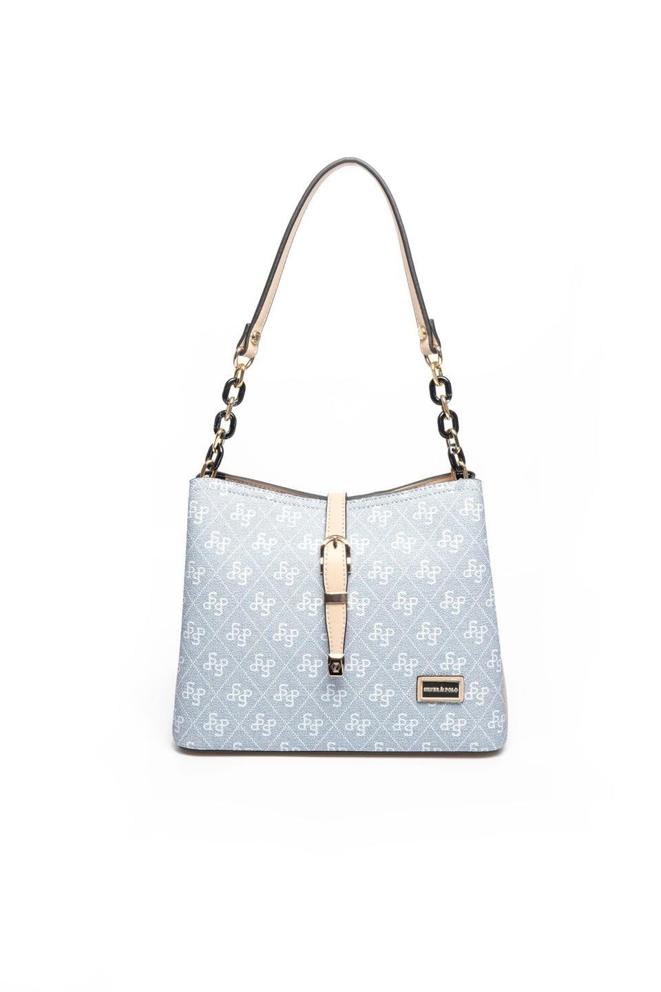 Silver & Polo SP974 Kadın Omuz Çantası Monogram Mavi-Ten