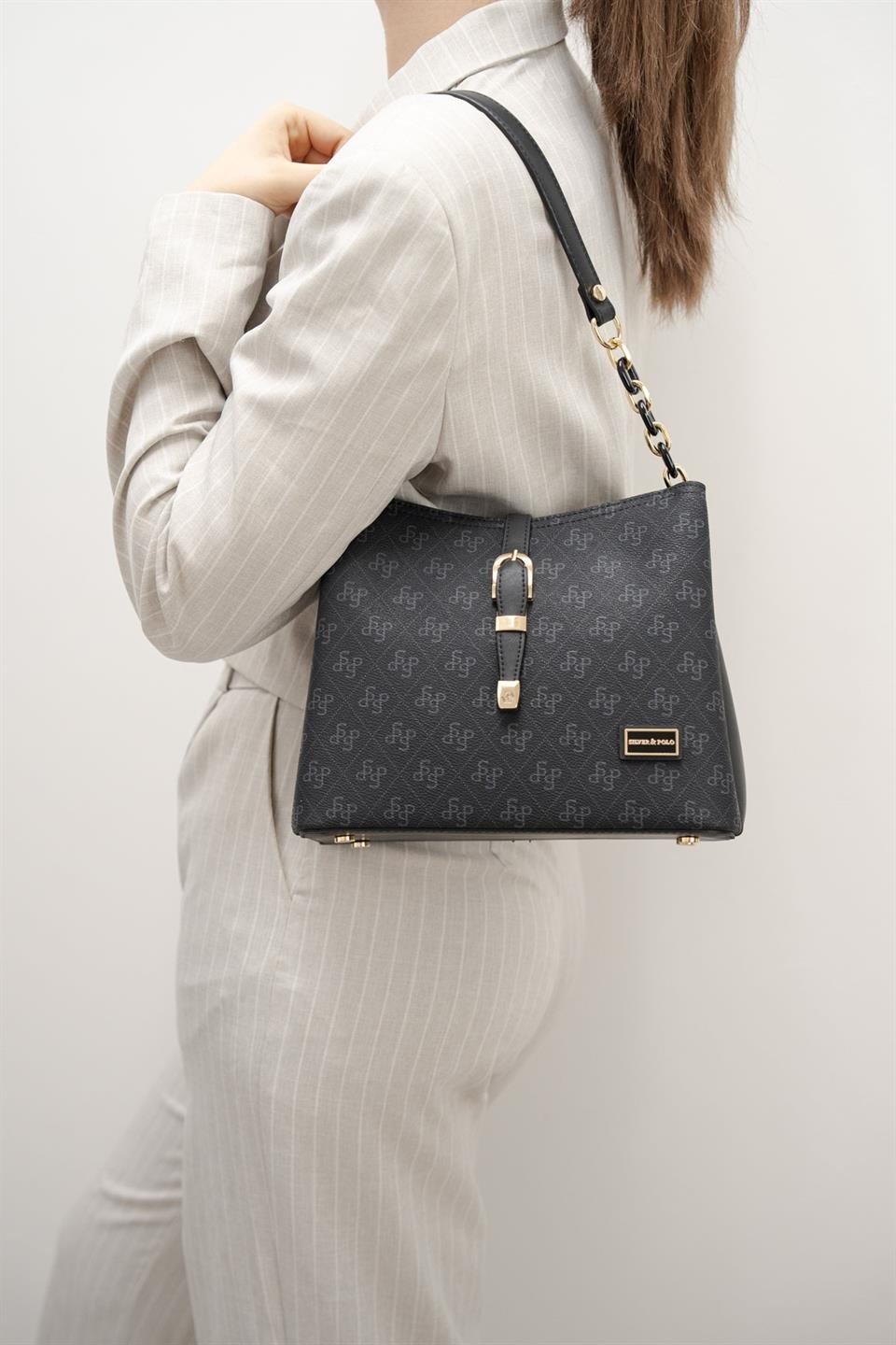 Silver & Polo SP974 Kadın Omuz Çantası Monogram Siyah
