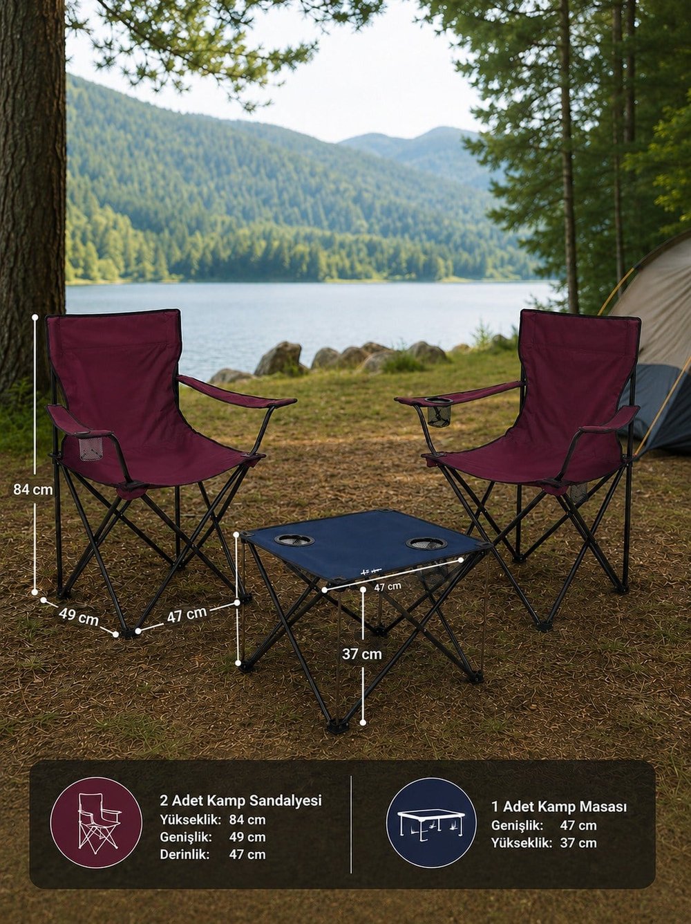 Katlanır Kamp Masa Sandalye Seti – 2 Bordo Sandalye ve Mavi 47 cm Masa