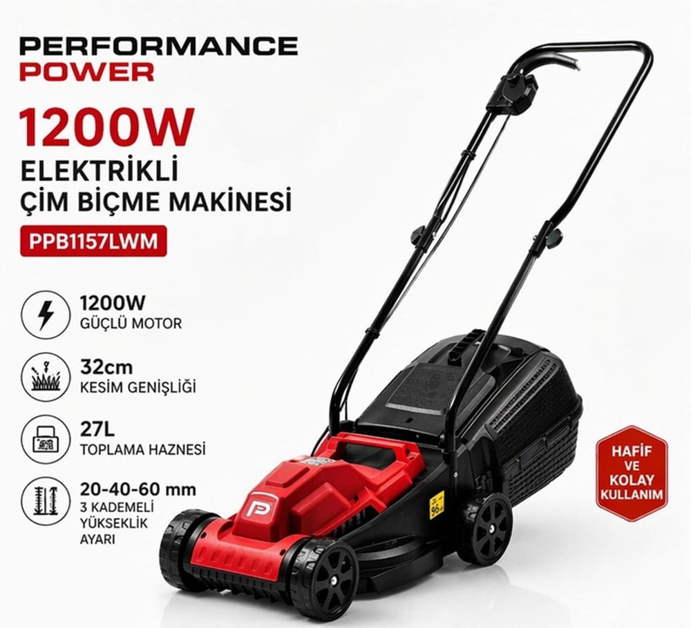 Trendinyeri Performance 1200W Elektrikli Çim Biçme Makinesi 32 cm 27L Sepetli Ayarlanabilir Çim Kesme Makinesi
