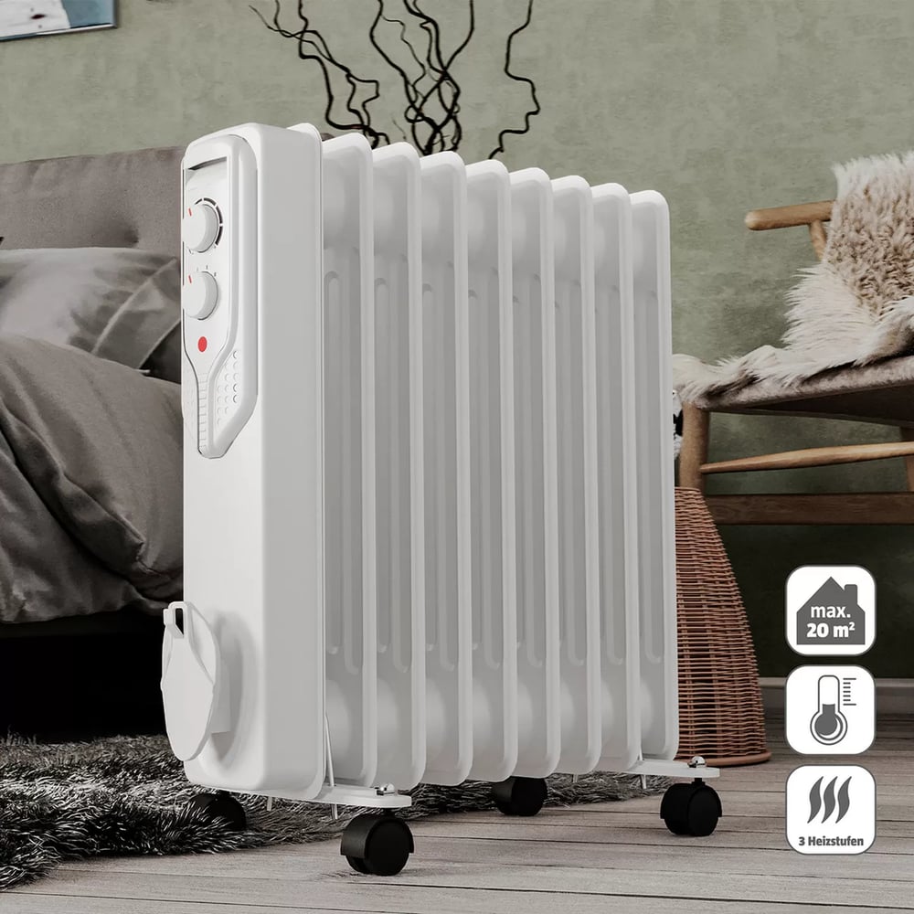 Voltomat 2000W Termostatlı Yağlı Radyatör – 9 Dilim, 3 Kademe (800/1200/2000W), Tekerlekli, Beyaz (20 m²)