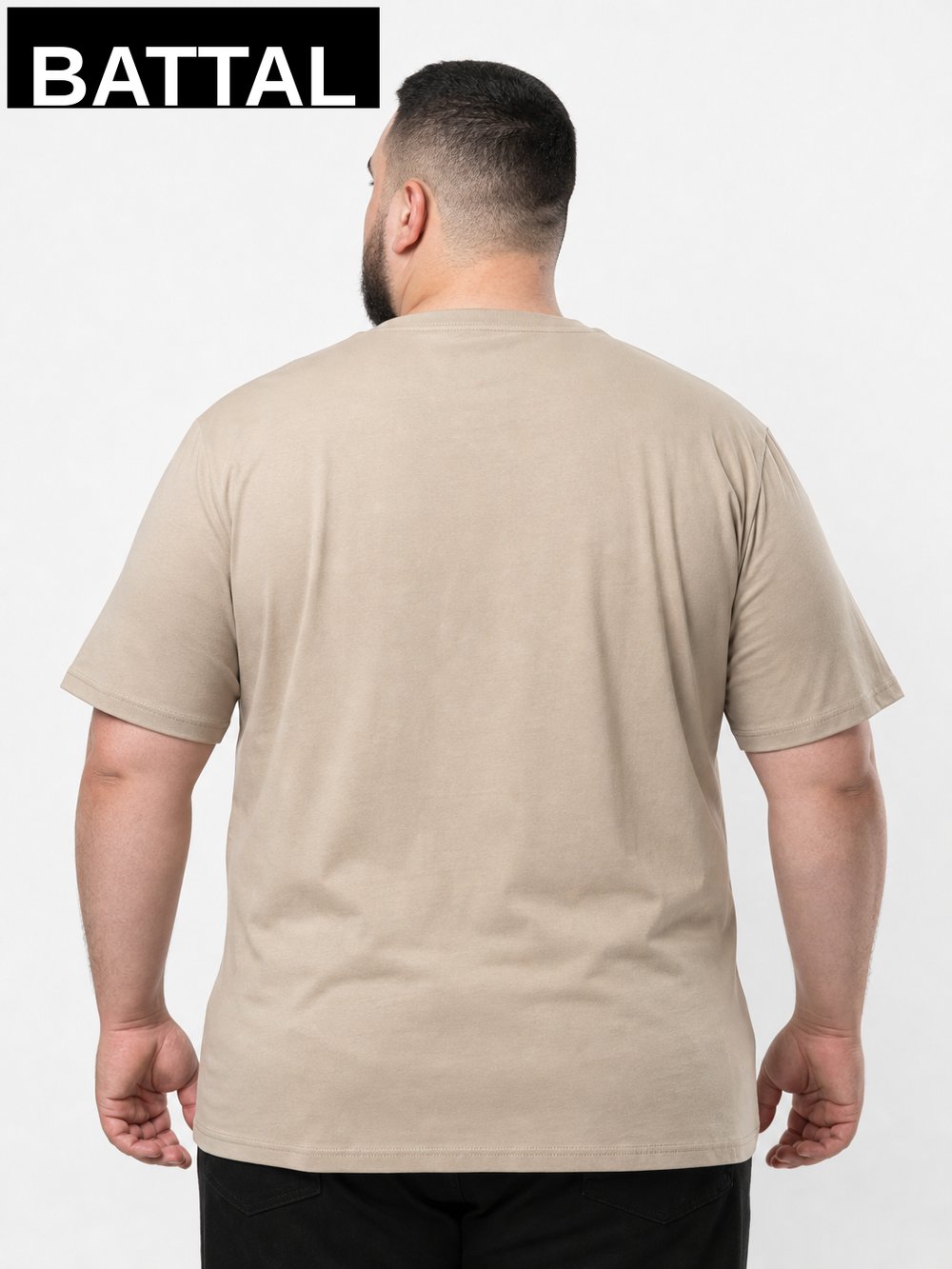 Bej Erkek Büyük Beden Pamuklu Likralı Bisiklet Yaka T-Shirt