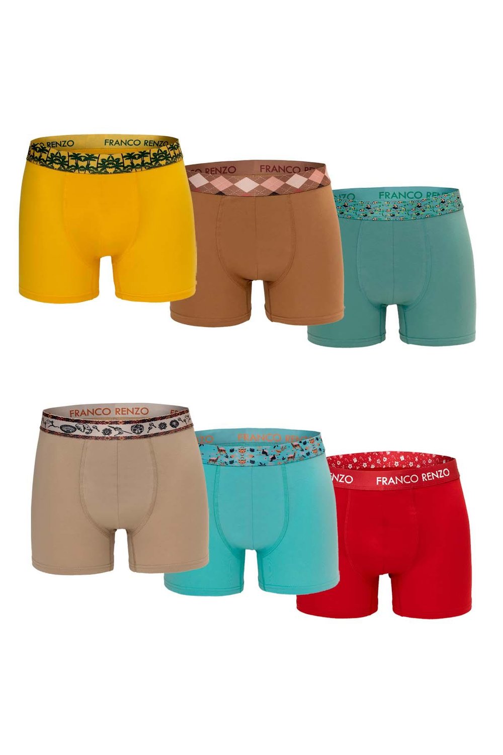 Erkek 6'lı Lüx Kutulu Pamuklu, Likralı ve Dijital Lastikli Boxer - G09002 - Çağla Yeşili - Mint - Kırmızı - Sarı - Kahverengi - Taş