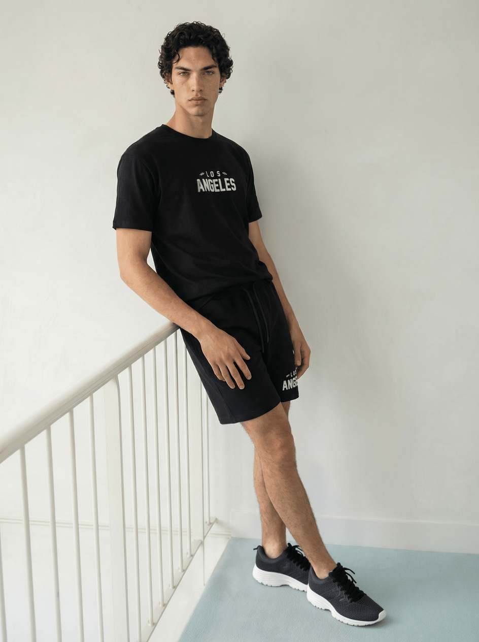 Erkek Baskılı T-shirt Şort Alt Üst Takım Siyah