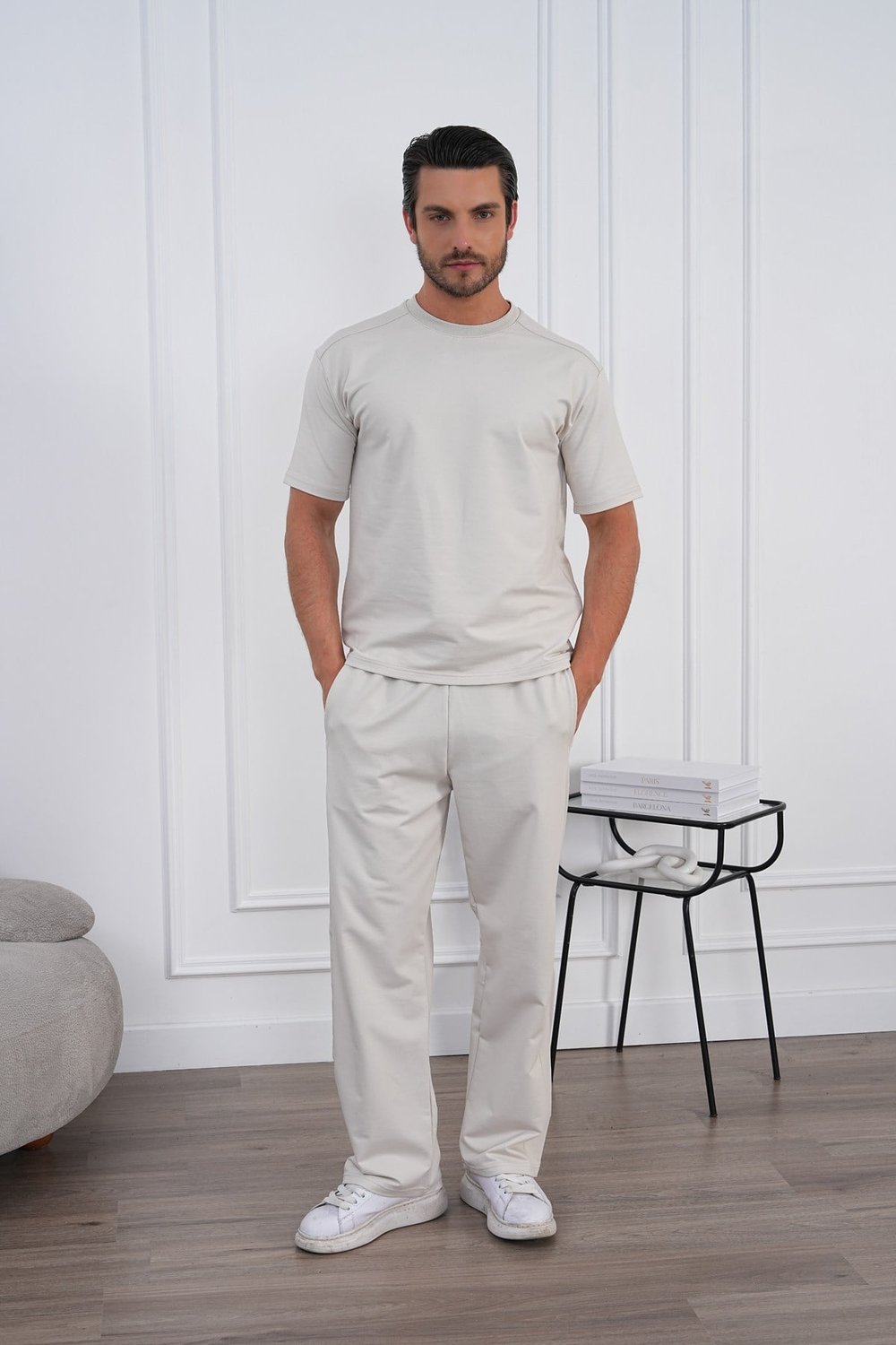 Erkek Yazlık Bej Eşofman Takımı Oversize Tişört Lastikli Bağcıklı Baggy Pantolon