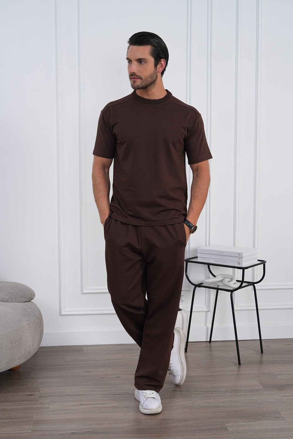 Erkek Yazlık Kahverengi Eşofman Takımı Oversize Tişört Lastikli Bağcıklı Baggy Pantolon