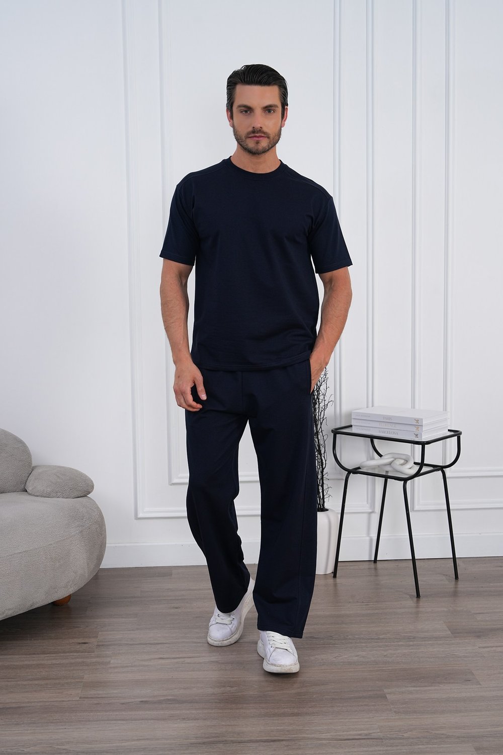 Erkek Yazlık Lacivert Eşofman Takımı Oversize Tişört Lastikli Bağcıklı Baggy Pantolon