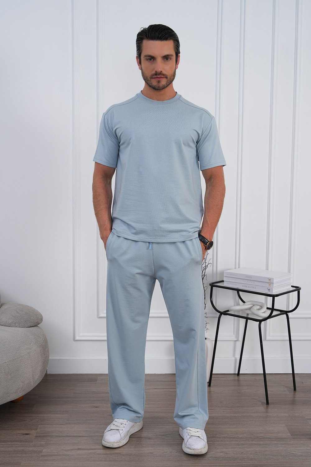 Erkek Yazlık Mavi Eşofman Takımı Oversize Tişört Lastikli Bağcıklı Baggy Pantolon