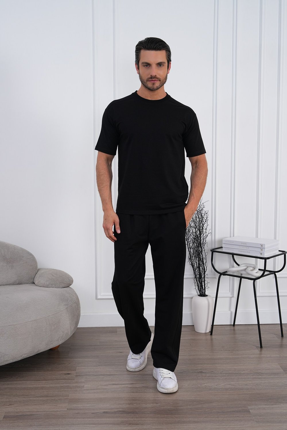 Erkek Yazlık Siyah Eşofman Takımı Oversize Tişört Lastikli Bağcıklı Baggy Pantolon