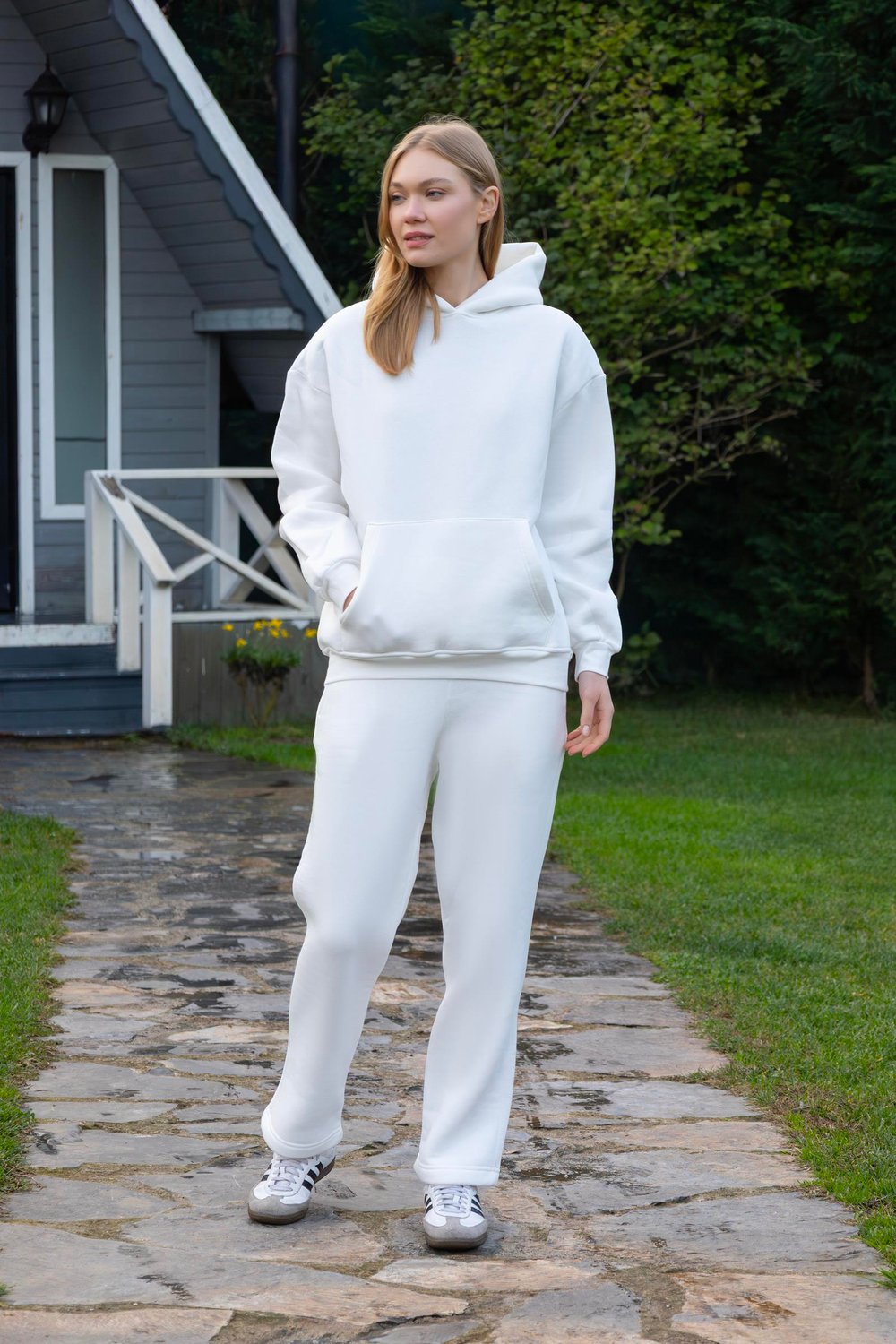 Kapüşonlu İçi Polarlı Unisex Oversize Eşofman Takımı - G09001 - Ekru