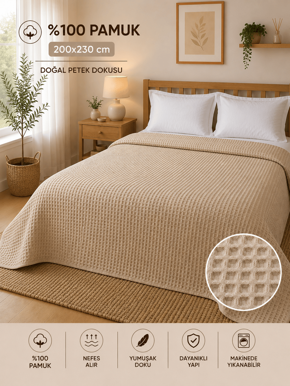  %100 Pamuk Petek Pike Çift Kişilik 200x230 cm – Nefes Alan Yumuşak Dokulu Dört Mevsim Pike - Bej
