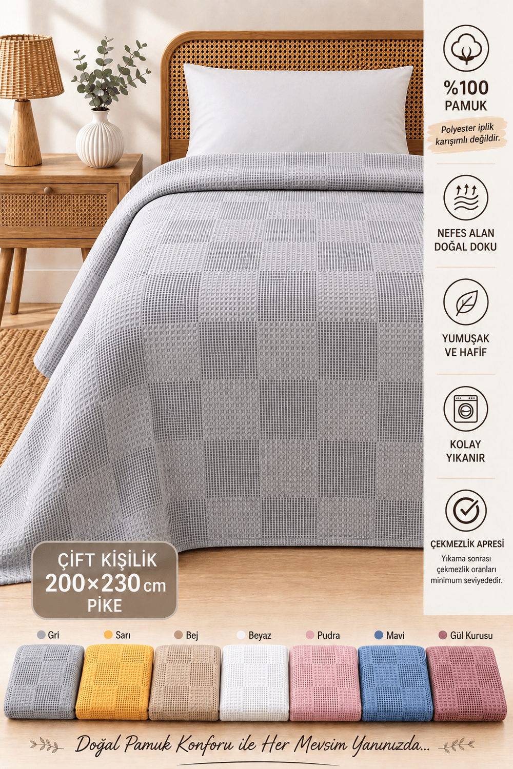 %100 Pamuk Kare Desenli Pike Çift Kişilik 200x230 cm – Nefes Alan Yumuşak Dokulu Dört Mevsim Pike - Gri