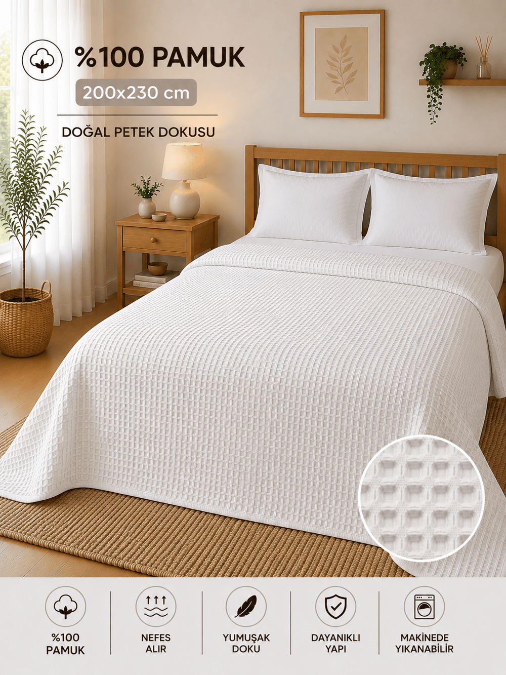 %100 Pamuk Petek Pike Çift Kişilik 200x230 cm – Nefes Alan Yumuşak Dokulu Dört Mevsim Pike - Beyaz