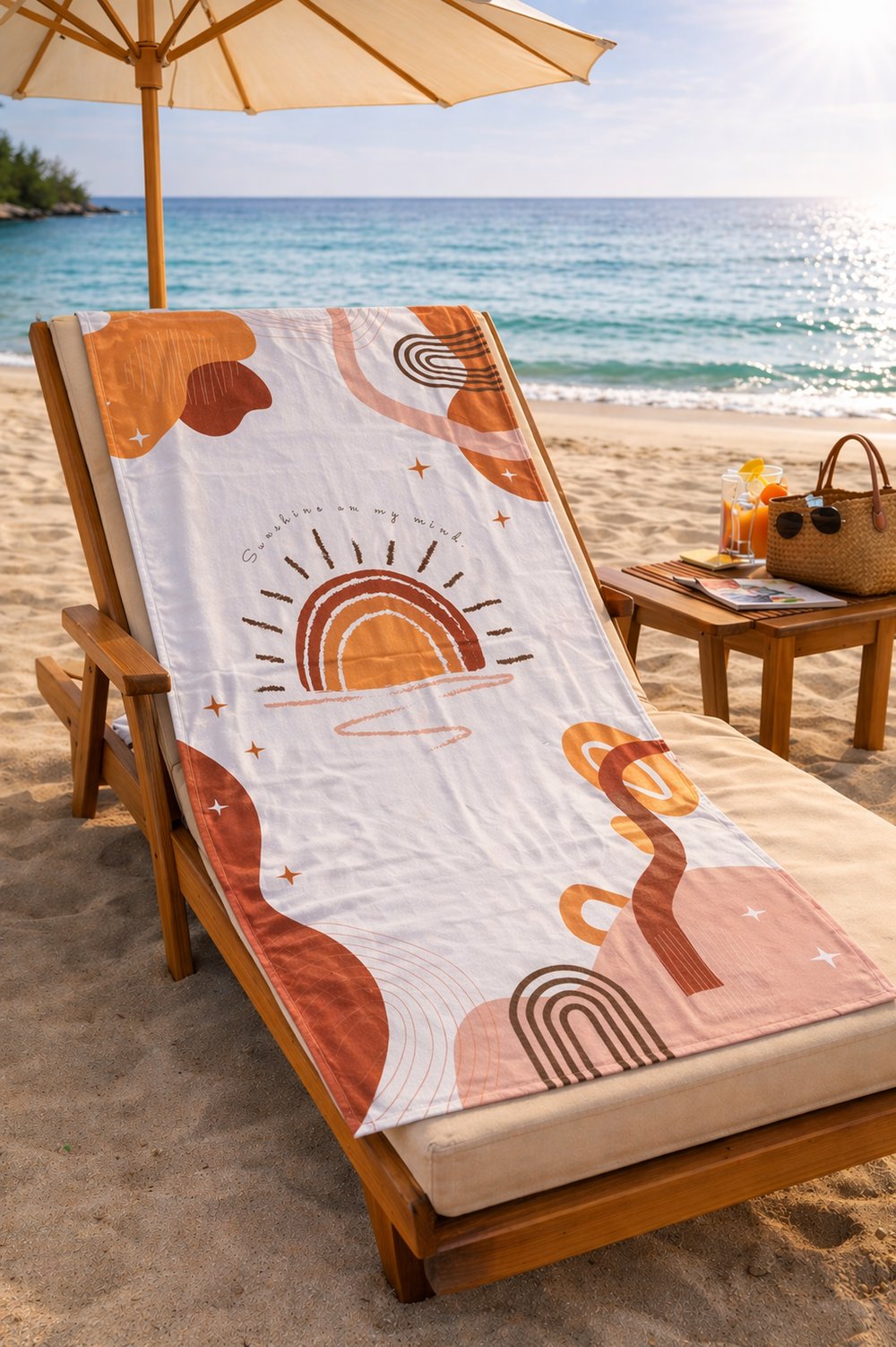 Bohem Güneş Desenli Premium Baskılı Plaj Havlusu – Kahve Turuncu Minimal Yazlık Deniz Havlusu 75x150 cm