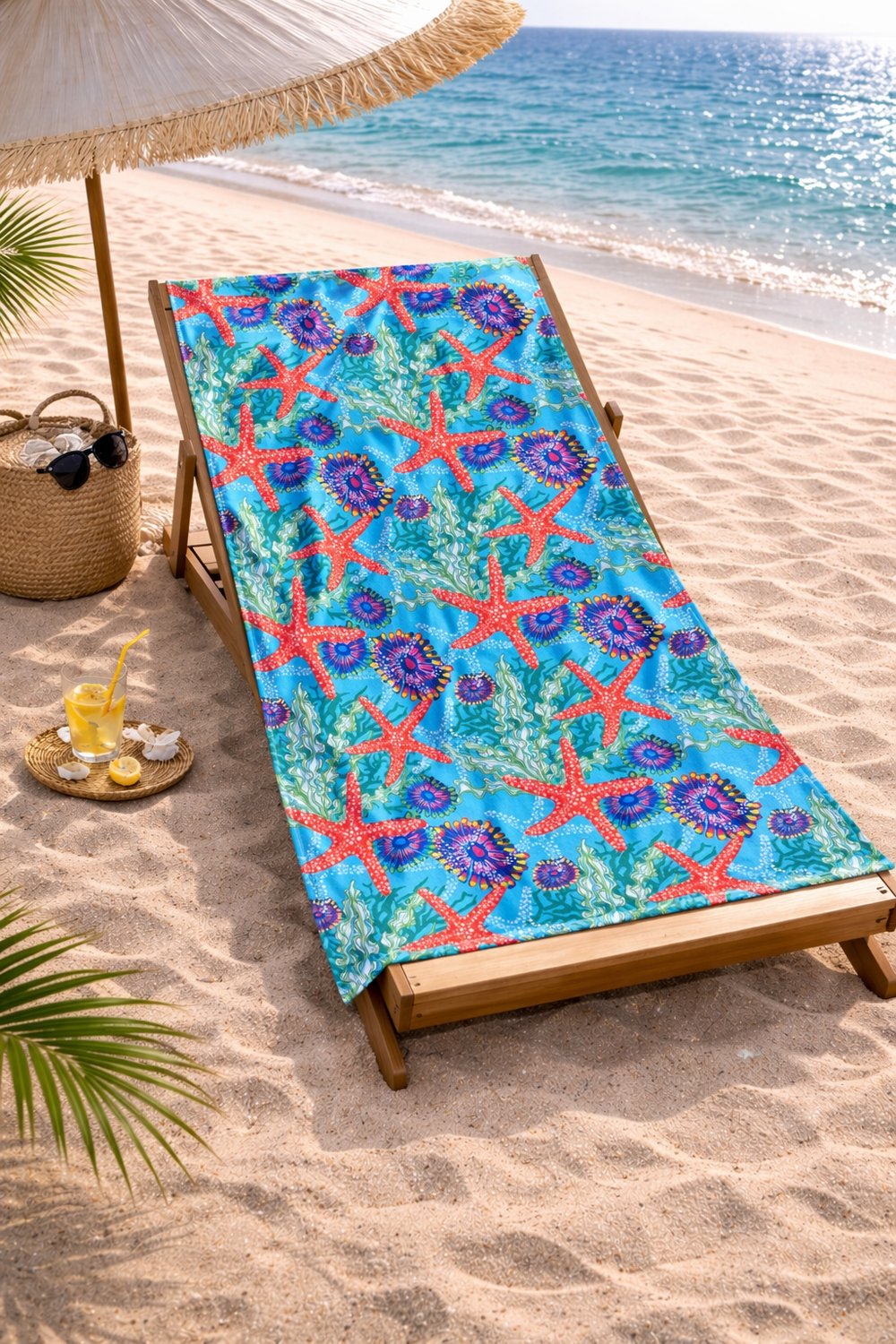 Deniz Yıldızı Desenli Premium Baskılı Plaj Havlusu – Hızlı Kuruyan Mercan Temalı Deniz Havlusu 75x150 cm