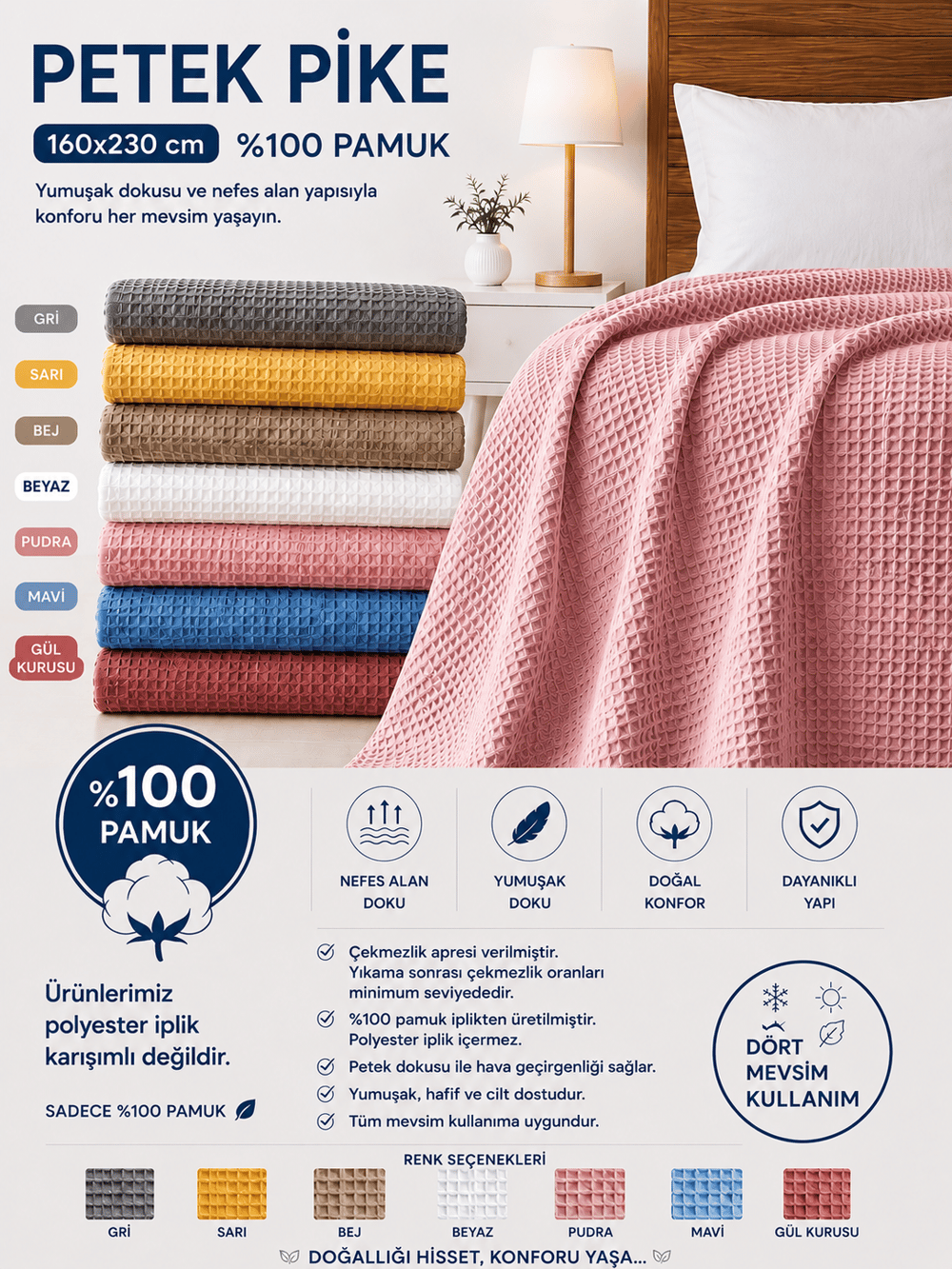 Petek Pike %100 Pamuk Tek Kişilik 160x230 cm – Yumuşak, Nefes Alan, Dört Mevsim Kullanım - Pudra