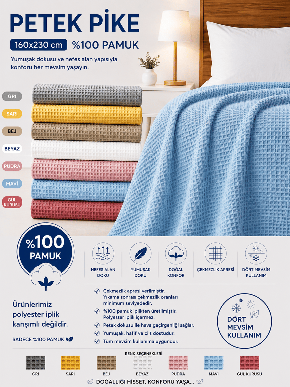 Petek Pike %100 Pamuk Tek Kişilik 160x230 cm – Yumuşak, Nefes Alan, Dört Mevsim Kullanım - Mavi