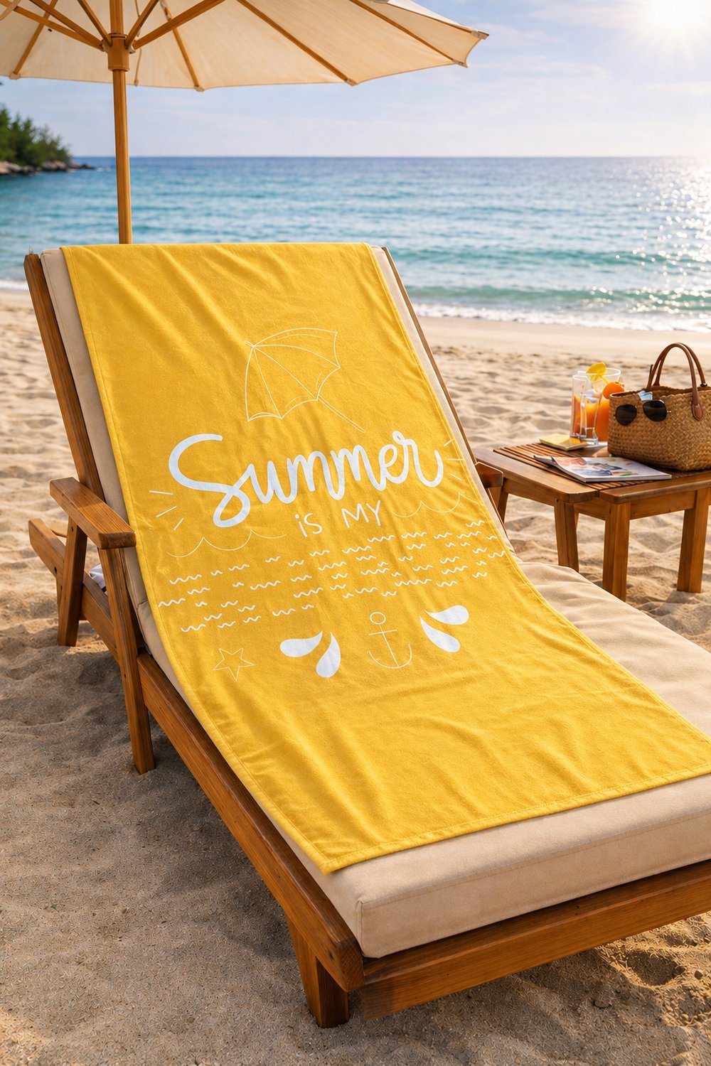 Summer Yazılı Sarı Premium Baskılı Plaj Havlusu 75x150 cm – Hızlı Kuruyan Yazlık Deniz Havlusu